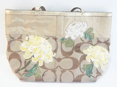 COACH Signature Chrysanthemum Flower Embroidery Gold Canvas Tote Bag Womens • $74.95