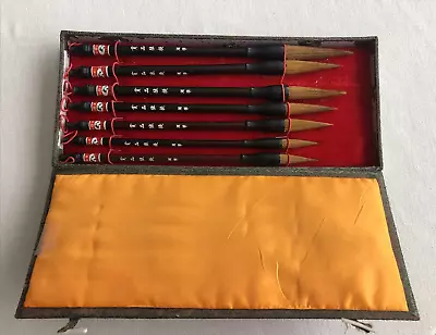 Vintage Chinese Japanese CALLIGRAPHY Brush Set Of 7 Brushes In Fabric Box • $24.99