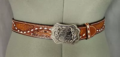 Nocona Belt Mens 38 Dark Brown Tooled Leather Embossed Western Silver Buckle • $34.97