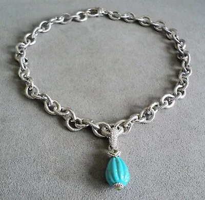 $189.95 • Buy JUDITH RIPKA Sterling SILVER NECKLACE W/ Melon-Carved TURQUOISE PENDANT Enhancer