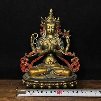 Tibet Buddhism Bronze Brass Louts 4 Arms Chenrezig Buddha Statue Sculpture Q • $99.99