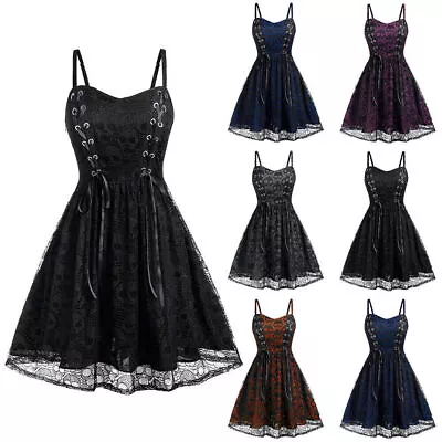 $34.38 • Buy Halloween Women's Cosplay Witch Lace Midi Slip Dress Retro Gothic Swing Dresses