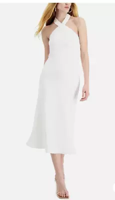 AIDAN MATTOX White Halter Bias Open Back Midi Cocktail Dress NWT Sz 2 $195 • $34