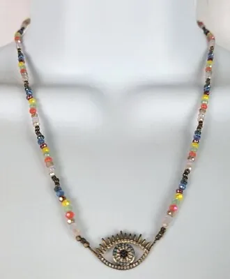 $14.99 • Buy Evil Eye Charm Faceted Multicolor Beads And Rhinestones Necklace 18 In