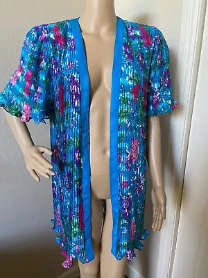 Vtg 80's Diane Freis Turquoise Floral Micro Pleat Jacket Cardigan Top O/S • $4.99