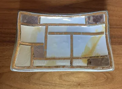 MDINA GLASS MALTA Art Glass Trinket Tray 8.25” Metallic White 2008 • $19.99