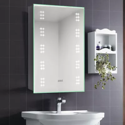 Bathroom LED Mirror Cabinet Wall Hung Shower Caddy Storage Box With Clock Light • £95.95