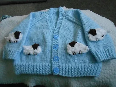 Hand Knitted Blue Cardigan *Woolly Sheep* Baby Boy 6-12mths..22inch Chest  New • £4.50