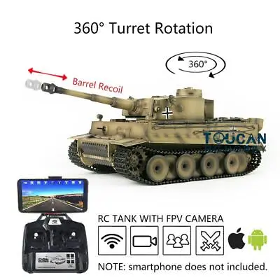 Henglong 1/16 7.0 Military Tiger I BB IR RC Tank 3818 360° FPV Barrel Recoil • $658.41