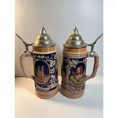 Lot Of 2 Vintage German Ceramic Beer Stein With Pewter Lids • $29.99