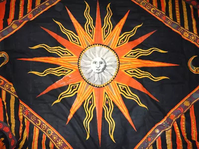 India Arts Celestial Boho Sun Moon Orange Black King Bedspread Sheet 102 X 88 • $55.20