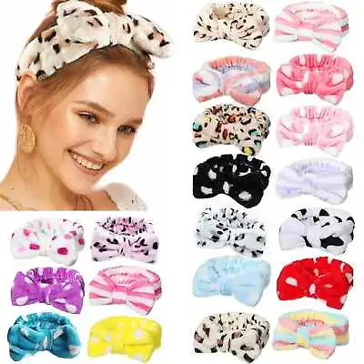 Women Elastic Bow Soft Fleece Headband Spa For Facial Makeup Shower Hair Band • £2.89