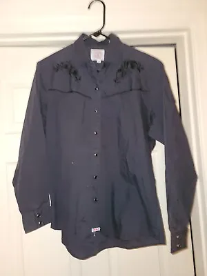 Vintage Youth Ely Western Shirt Long Sleeve Shirt Black Sewn Flowers Snap Sz Lg  • $8.95