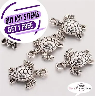 10 TURTLE CHARMS PENDANTS BRIGHT TIBETAN SILVER 3D 16mm JEWELLERY MAKING C2 • £2.69