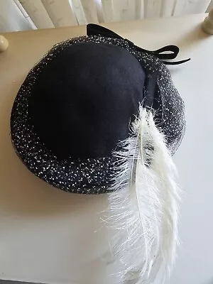 Vintage Black Wool Hat With Feather Netting And Bow 50s 60s • $30