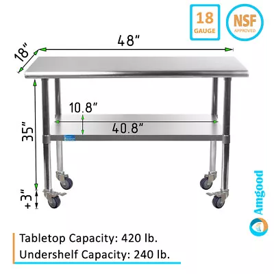 18  X 48  Stainless Steel Table With Wheels | NSF Prep Metal Work Table Casters • $244.95