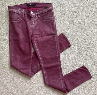 J Brand Sz 26 Super Skinny Maroon Coated Jeans In RU BU Stretch Low Rise Denim • $10.99