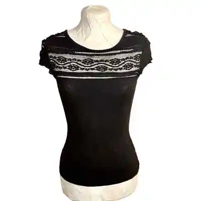 H&M Womens Black Lace Tee Size XS Short Sleeve Floral Scoop Neck T-Shirt Top • $12.99