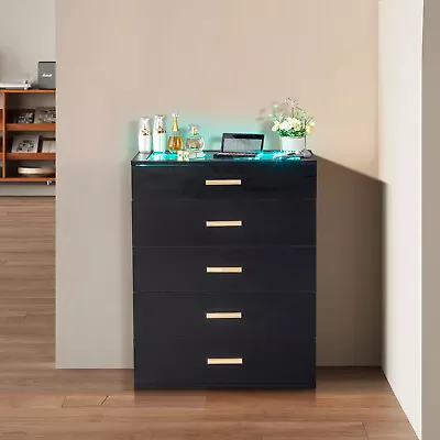 LED Dresser With 5-Drawer Bedroom Chest Of Drawers Cabinet W/Tempered Glass Top • $124.53