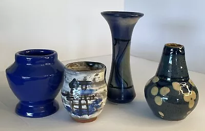 LOT 4 Vintage Stoneware Pottery Bud Vase Blue White Glaze Handmade • $25