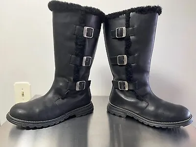 Ugg Black Leather Winter Boots #5419 Sheepskin Lined Motorcycle Buckles Size 8 • $28