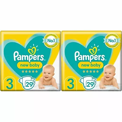 2 Packs X Pampers New Baby Size 3 Nappy 6-10 Kg (Total 58 Nappies) • £10.99