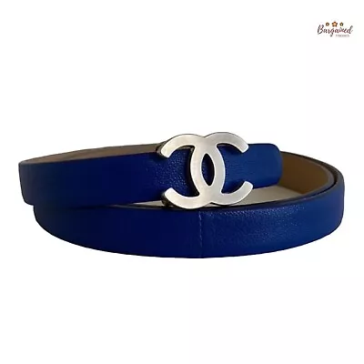 Authentic CHANEL Blue Lambskin Leather Silver CC Buckle B13 Skinny Belt 75/30 • £384.55