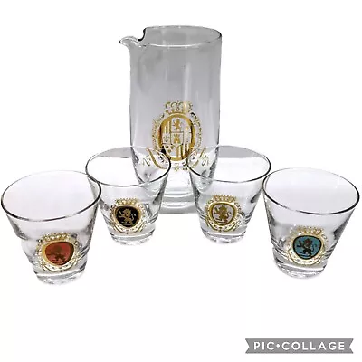 Vintage MCM Barware Federal Baronet Lion Crest Cocktail Pitcher/Shot Glasses Set • $41.98