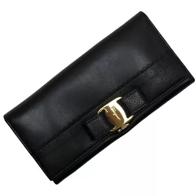 Auth Salvatore Ferragamo  VararibbonBifold Long Wallet   Black Leather T19217a • $234.43