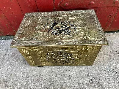 Vintage Brass Fireside Slipper Storage Chest/ Coal & Log Box Brass-Wrapped Wood • £29