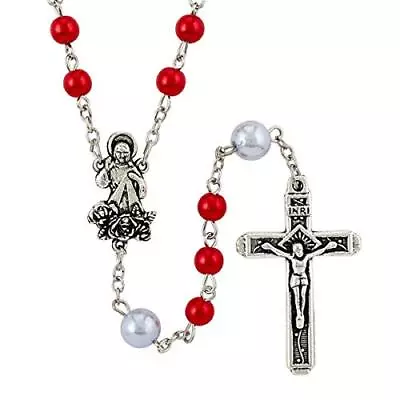 Red Imitation Pearl Beads With Divine Mercy Center Rosary 19 Inch • $19.30