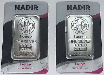 TWO- 1 Oz .999 Fine Silver Nadir Metal Refinery NMR Bar In Assay Consecutive Ser • $66.35