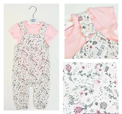 Baby Girls Dungaree Set Outfit GEORGE Pink Floral 2 Piece Bodysuit Trousers 6-9 • £5.95