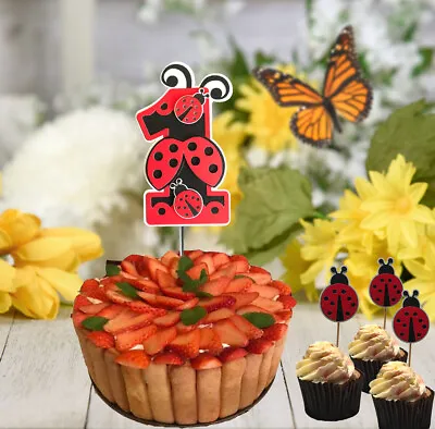 Ladybug Glitter Birthday CAKE TOPPER Decoration Number Age Birthday Party 0-9 • £5.50