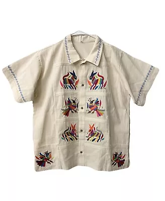 Mexican Guayabera Otomi Hand Embroidered Linen Shirt Mens Small EUC Worn Once • $99