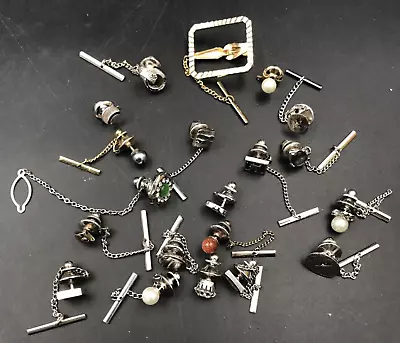 Lot Of 19 Silver Tone Tie Pins Tacks - Green Blue Stone Rhinestone & 1 Tie Clip • $22.49