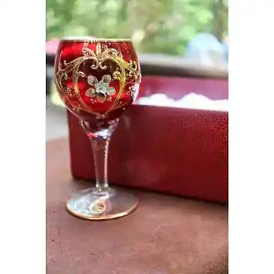 Vintage Murano Glass Wine Goblet Gold Leaf Italian Ruby Red Flower • $150
