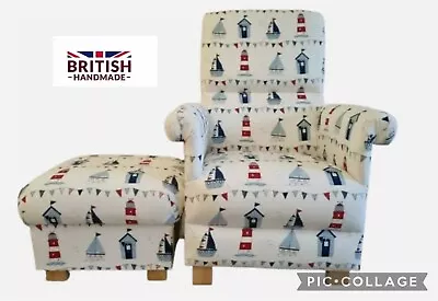 Fryetts Maritime Blue Fabric Adult Chair & Footstool Armchair Nautical Boats New • £319.99