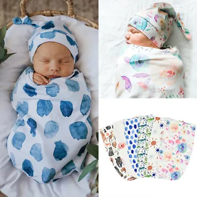 2PCS Baby Wrap Hat Set Sleeping Bag Swaddle Newborn Blanket Cotton Soft Infant • £7