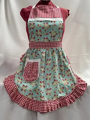 RETRO VINTAGE 50s STYLE FULL APRON / PINNY - STRAWBERRIES ON MINT With GINGHAM • £30.99