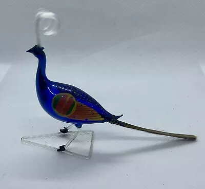 Vintage Blown Glass Blue Peacock Bird Figurine Hand Painted 4.5” • $10