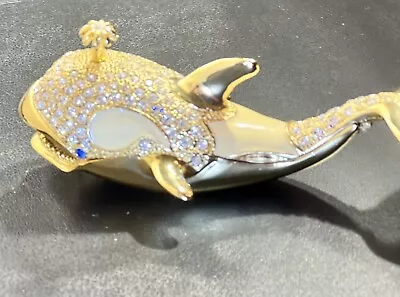 Whale Shaped Trinket Box Gold With Rhinestones  Cream Enamel 4.5” • $48.99