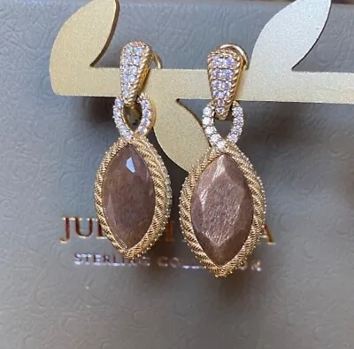 Rare! JUDITH RIPKA 18K & Sterling Silver MARQUISE SUNSTONE & CZ Drop Earrings • $139