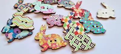 10 Mixed Wooden RABBIT HARE BUTTONS 30mm 2 Hole Crafts Sewing Embellishments UK • £2.85