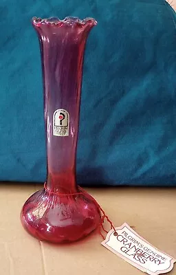 Vintage 7-1/4  Pilgrim Cranberry Glass Bud Vase W/ Ruffled Edge Art Blown Glass • $28