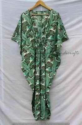 Indian Green Long Leaf Print Cotton Hippie Maxi Women Nightwear Caftan Dress • $22.55