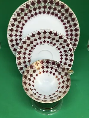 Bavarian Porcelain Teacup Saucer And Plate Set With Red And Gold Diamond Pattern • $12