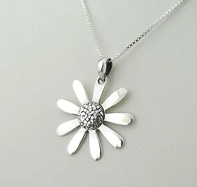 Handmade 925 Sterling Silver Daisy Flower Pendant / Necklace + Silver Box Chain • £22.95