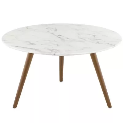 Modway Lippa 28  Round Artificial Marble Top Coffee Table In Walnut And White • $273.38