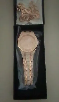 Mens Luxury Bling Rose Gold Out Diamond Designer Iced Watch & Bracelet Set New • £23.99